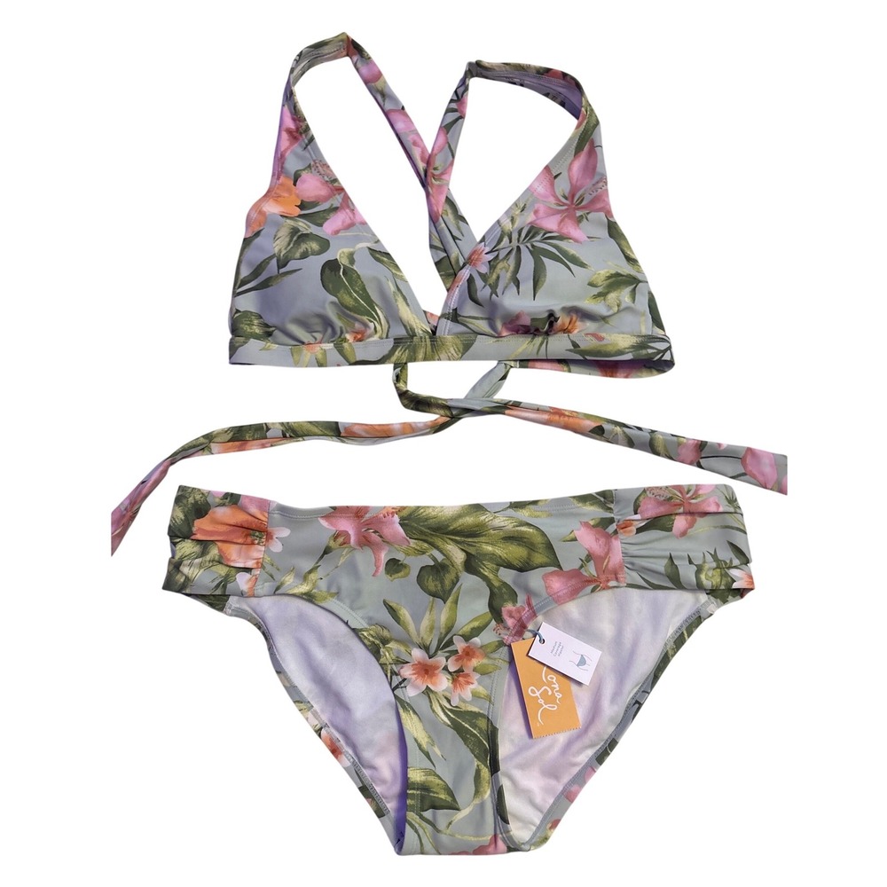 NEW Kona Sol Tropical Floral Bikini Set Wrap Top Hipster Bottom L XL